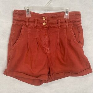 Deluc Pleated High Rise Denim shorts Women’s Sz Medium Coral Red